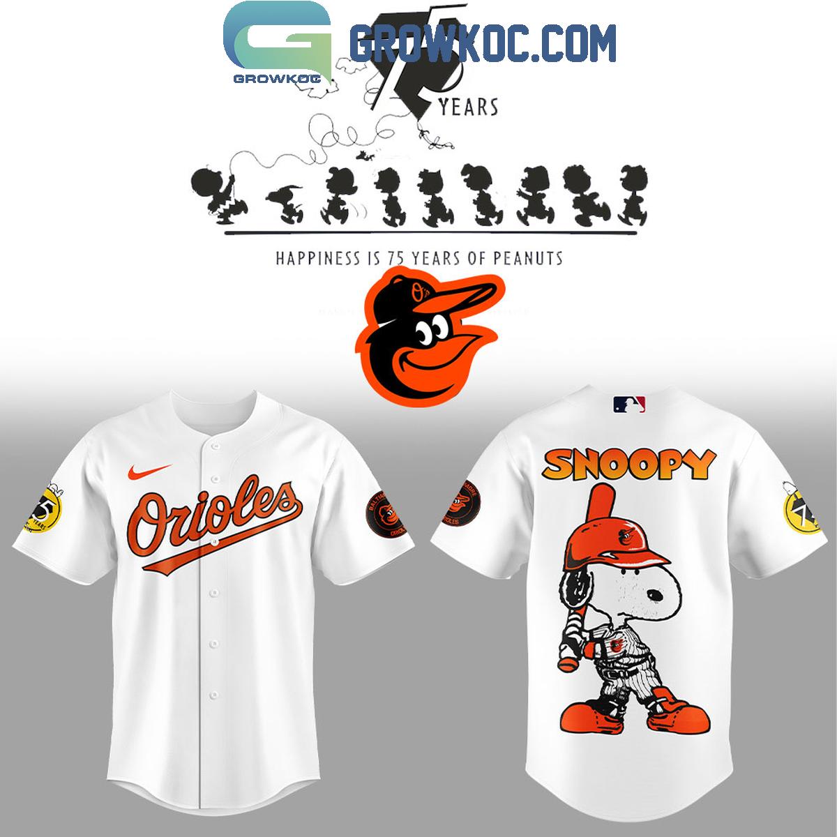 Baltimore Orioles Happiness Is 75 Years Of Peanuts Baseball Jersey Unisex T-shirt, Sweatshirt, Hoodie, Long Sleeve Tee - T-Shirt, Sweatshirt, Hoodie