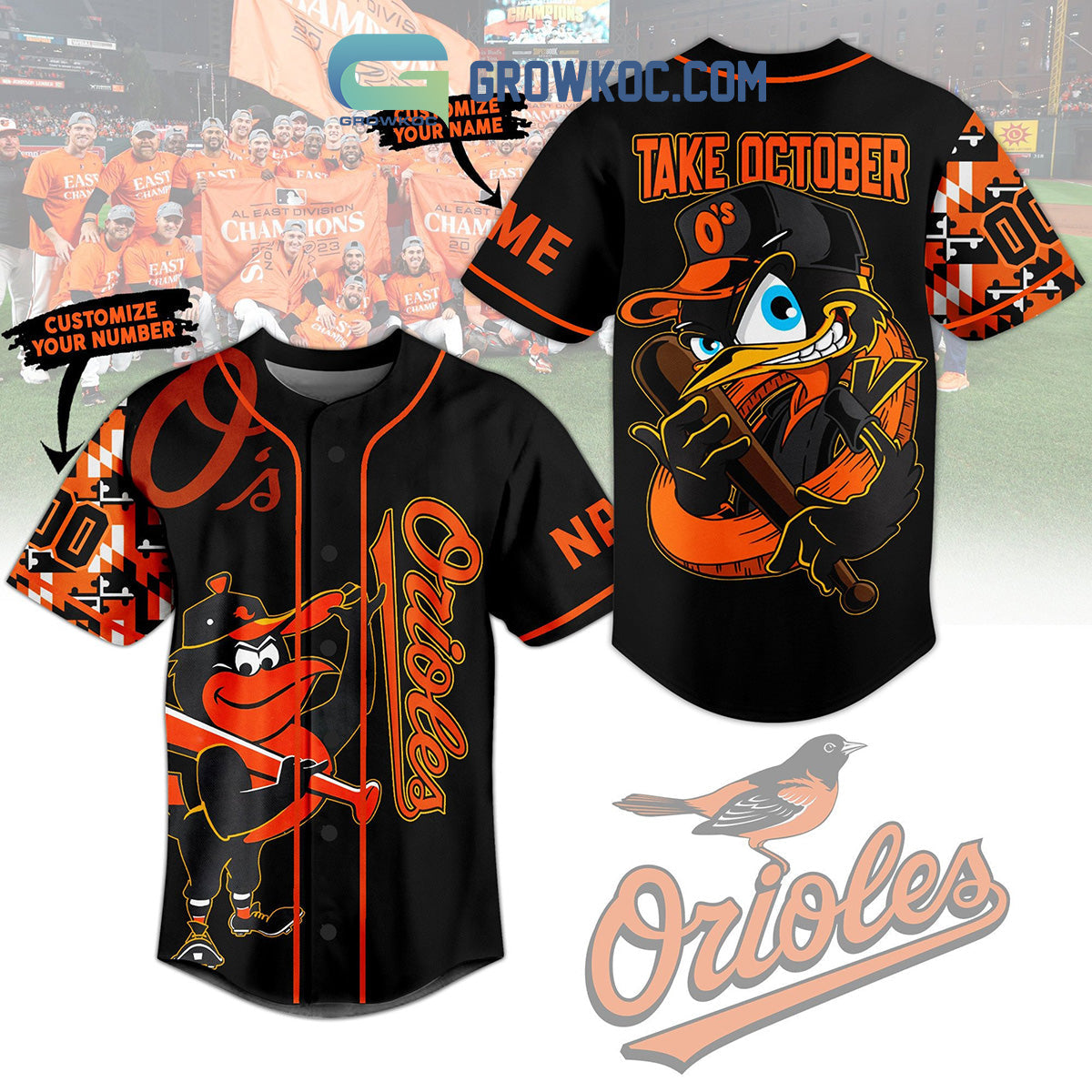 Baltimore Orioles Take October Mascot Os Personalized Baseball Jersey Unisex T-shirt, Sweatshirt, Hoodie, Long Sleeve Tee - T-Shirt, Sweatshirt, Hoodie