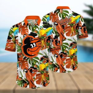 Baltimore Orioles White Parrot Tropical Hawaiian Shirt Unisex T-shirt, Sweatshirt, Hoodie, Long Sleeve Tee - T-Shirt, Sweatshirt, Hoodie