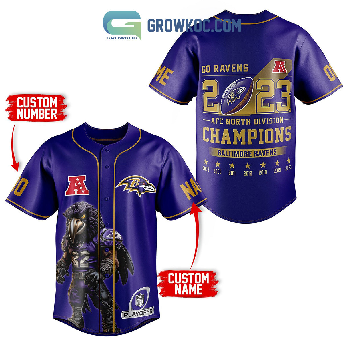 Baltimore Ravens AFC North Champions Personalized Baseball Jersey Unisex T-shirt, Sweatshirt, Hoodie, Long Sleeve Tee - T-Shirt, Sweatshirt, Hoodie