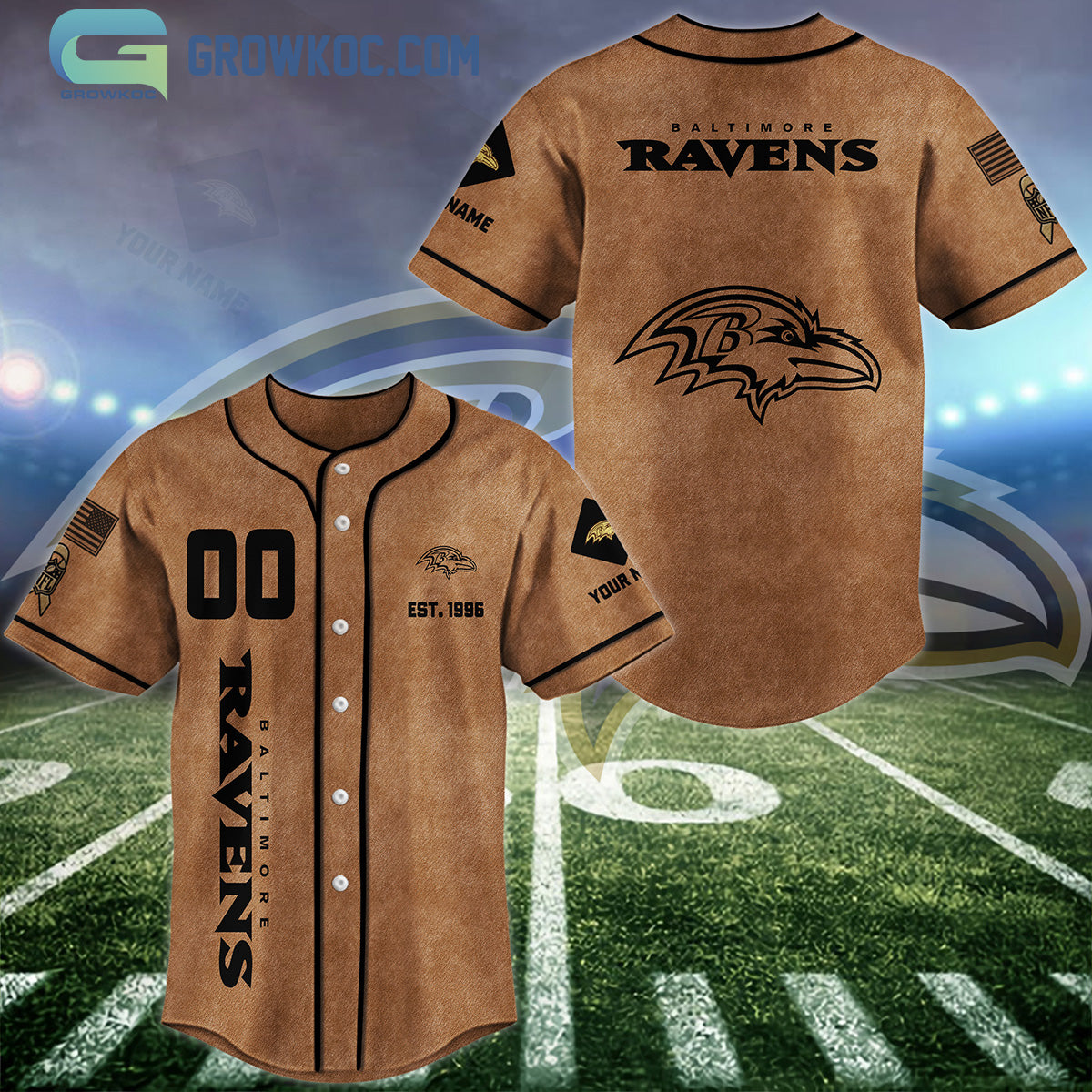 Baltimore Ravens Brown American Flag Personalized Baseball Jersey Unisex T-shirt, Sweatshirt, Hoodie, Long Sleeve Tee - T-Shirt, Sweatshirt, Hoodie