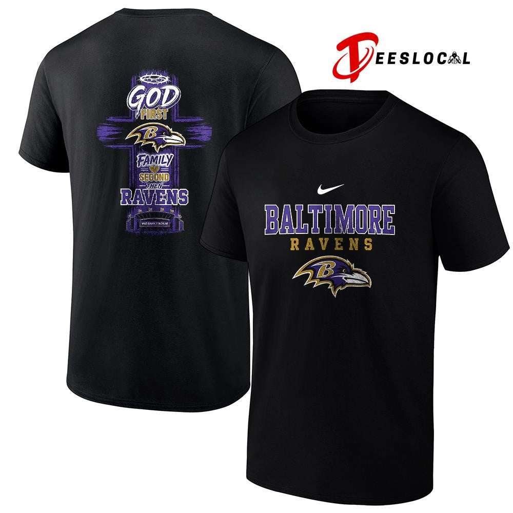 Baltimore Ravens God first family second cross shirt Unisex T-shirt, Sweatshirt, Hoodie, Long Sleeve Tee - T-Shirt, Sweatshirt, Hoodie