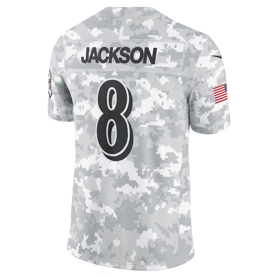 B.Ravens #8 Lamar Jackson Arctic Camo 2024 Salute to Service Limited Stitched American Football Jerseys football jersey product view 1
