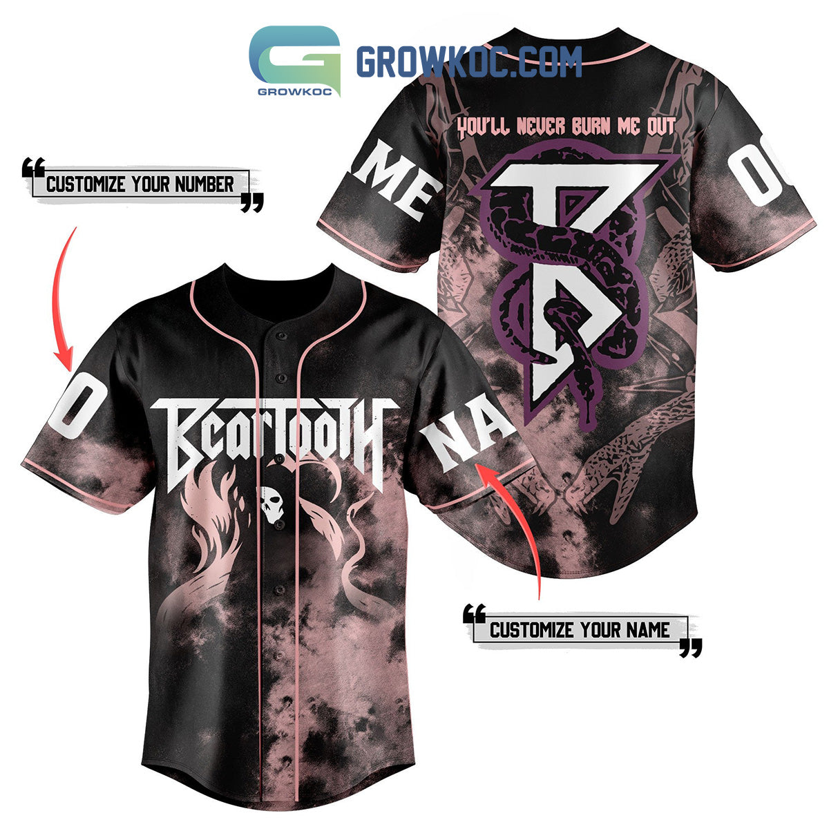 Beartooth Never Burn Me Out Personalized Baseball Jersey Unisex T-shirt, Sweatshirt, Hoodie, Long Sleeve Tee - T-Shirt, Sweatshirt, Hoodie