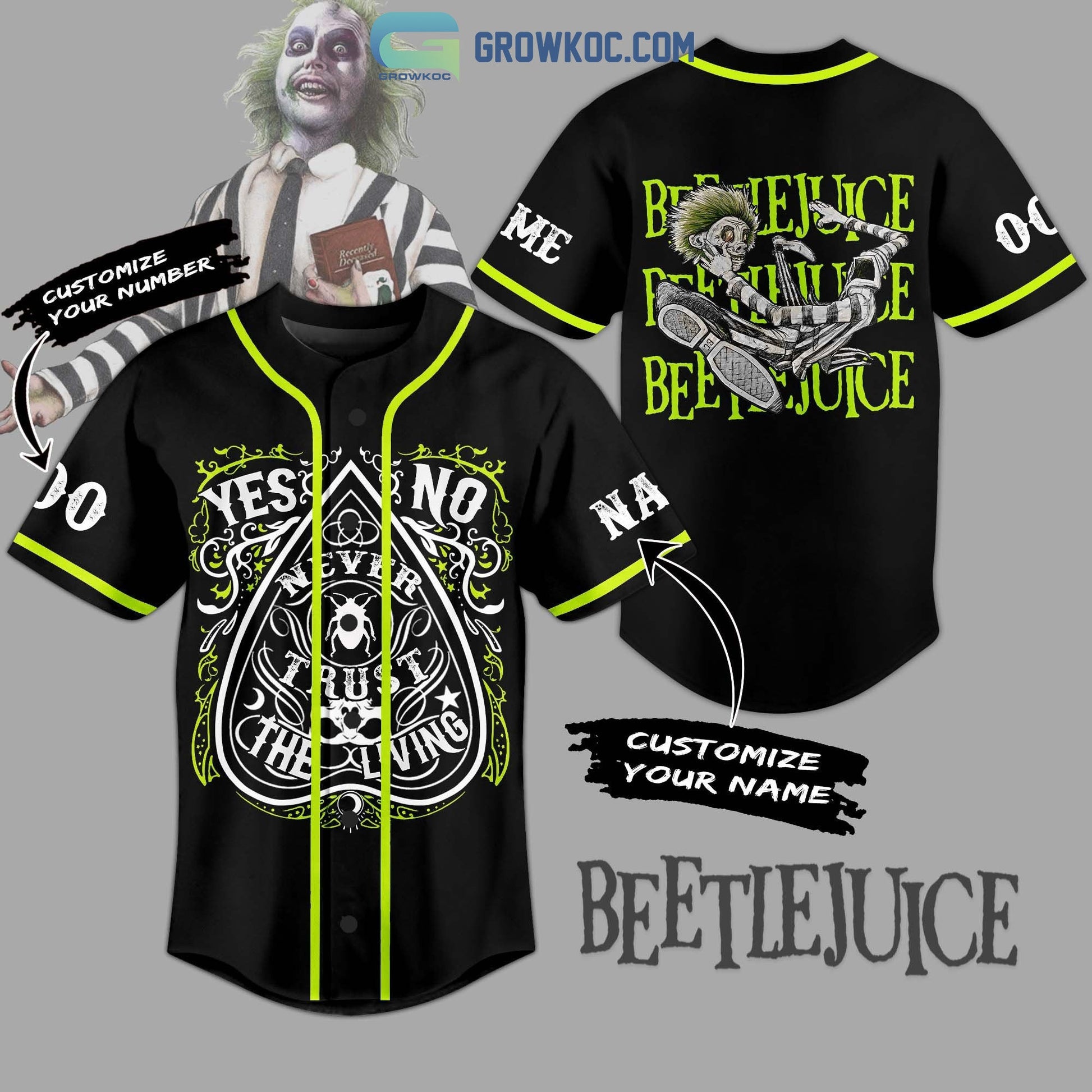Beetlejuice Never Trust The Living Personalized Baseball Jersey Unisex T-shirt, Sweatshirt, Hoodie, Long Sleeve Tee - T-Shirt, Sweatshirt, Hoodie
