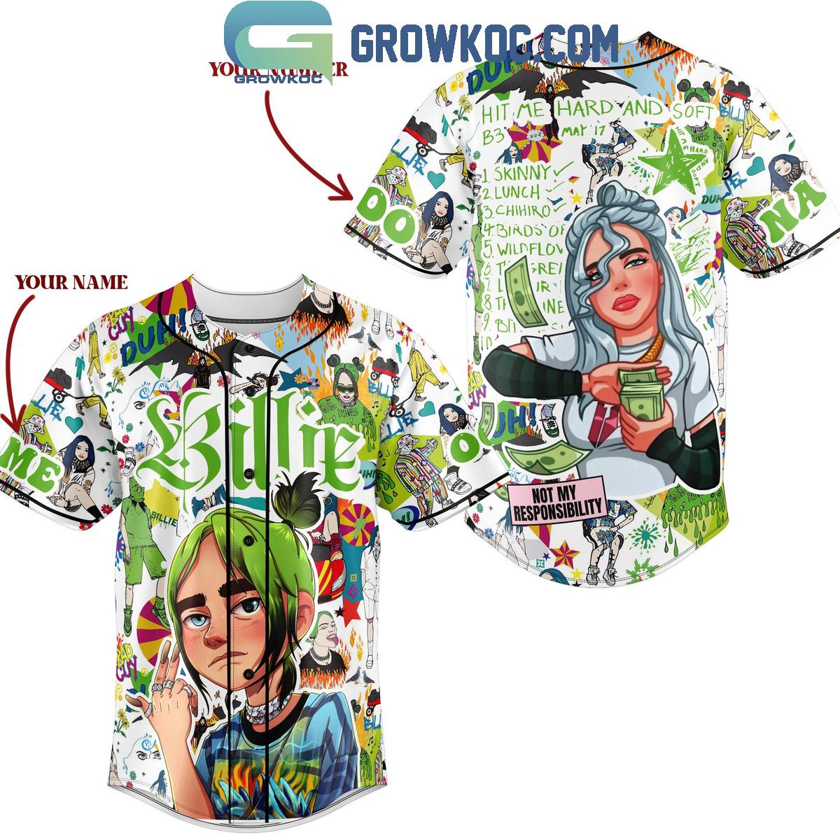 Billie Eilish Hit Me Hard And Soft Not My Responsibility Personalized Baseball Jersey Unisex T-shirt, Sweatshirt, Hoodie, Long Sleeve Tee - T-Shirt, Sweatshirt, Hoodie