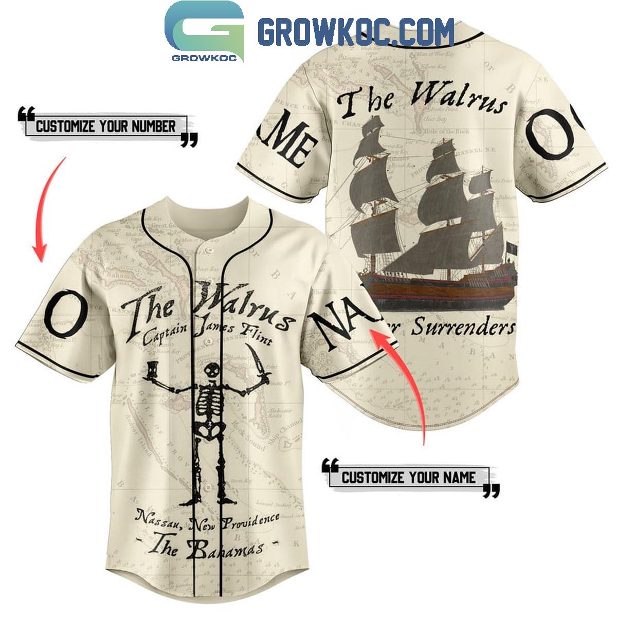 Black Sails The Walrus Never Surrenders Personalized Baseball Jersey Unisex T-shirt, Sweatshirt, Hoodie, Long Sleeve Tee - T-Shirt, Sweatshirt, Hoodie