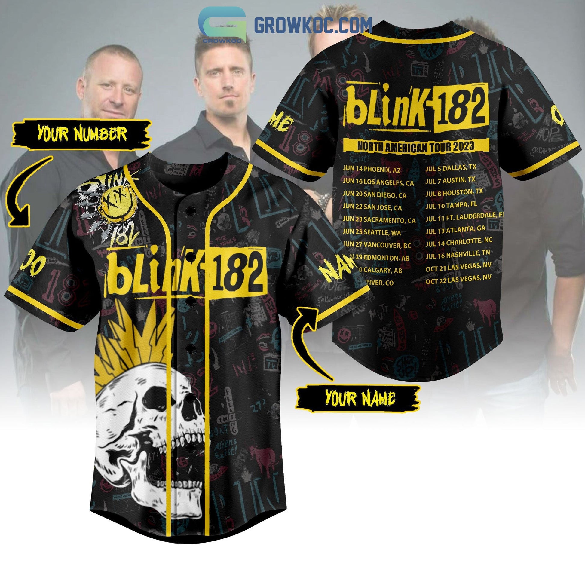Blink 182 North American Tour 2023 Personalized Baseball Jersey Unisex T-shirt, Sweatshirt, Hoodie, Long Sleeve Tee - T-Shirt, Sweatshirt, Hoodie