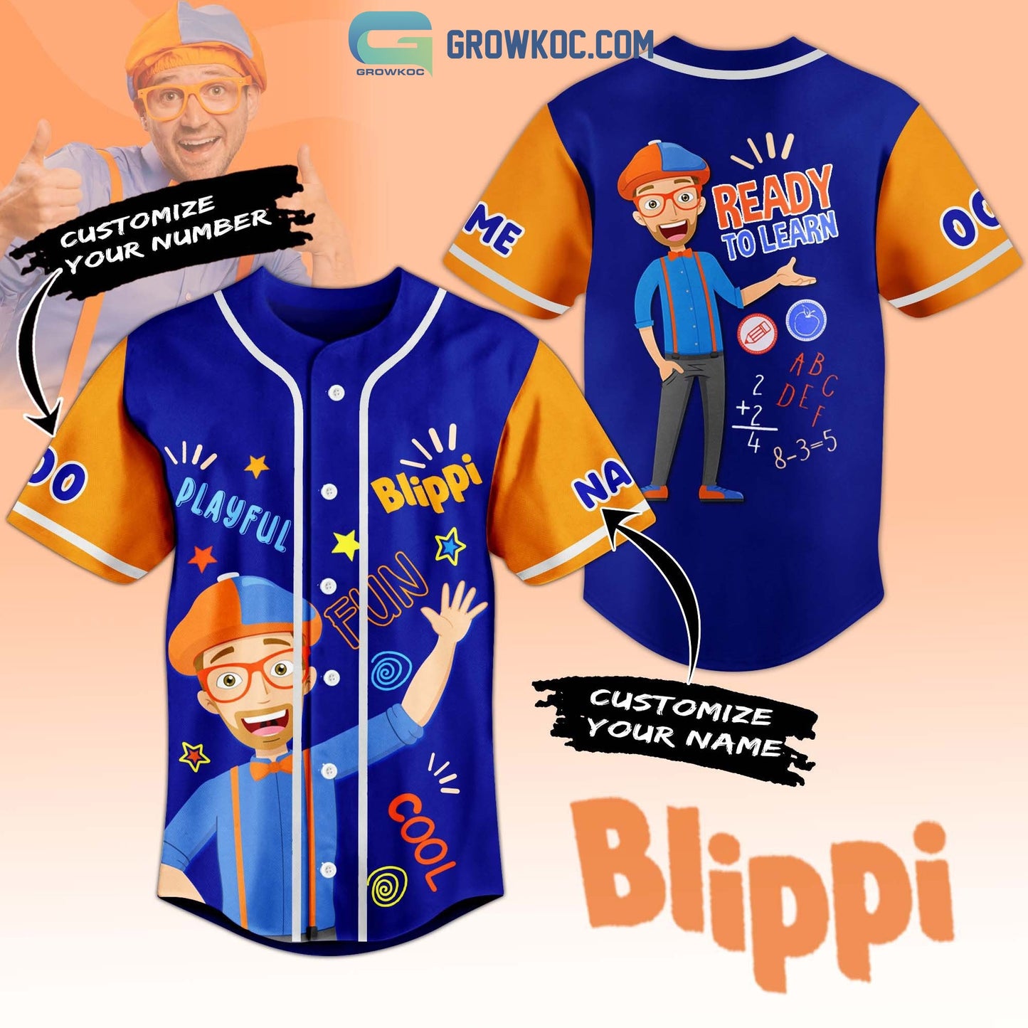 Blippi Ready To Learn Fun Cool Personalized Baseball Jersey Unisex T-shirt, Sweatshirt, Hoodie, Long Sleeve Tee - T-Shirt, Sweatshirt, Hoodie