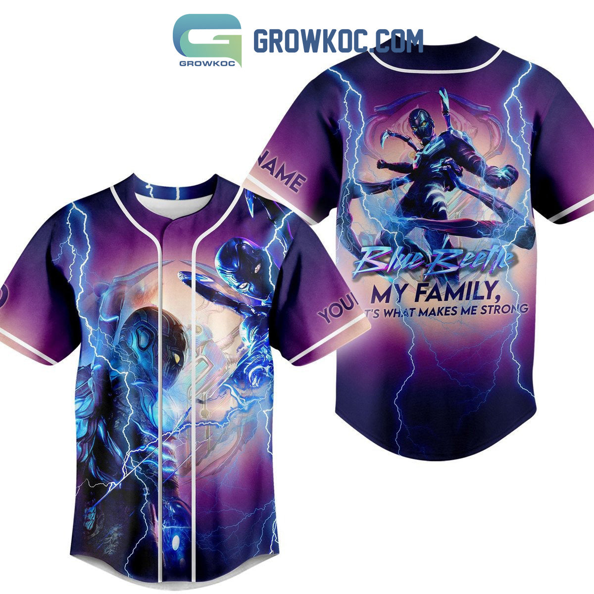Blue Beetle My Family Thats What Makes Me Strong Personalized Baseball Jersey Unisex T-shirt, Sweatshirt, Hoodie, Long Sleeve Tee - T-Shirt, Sweatshirt, Hoodie