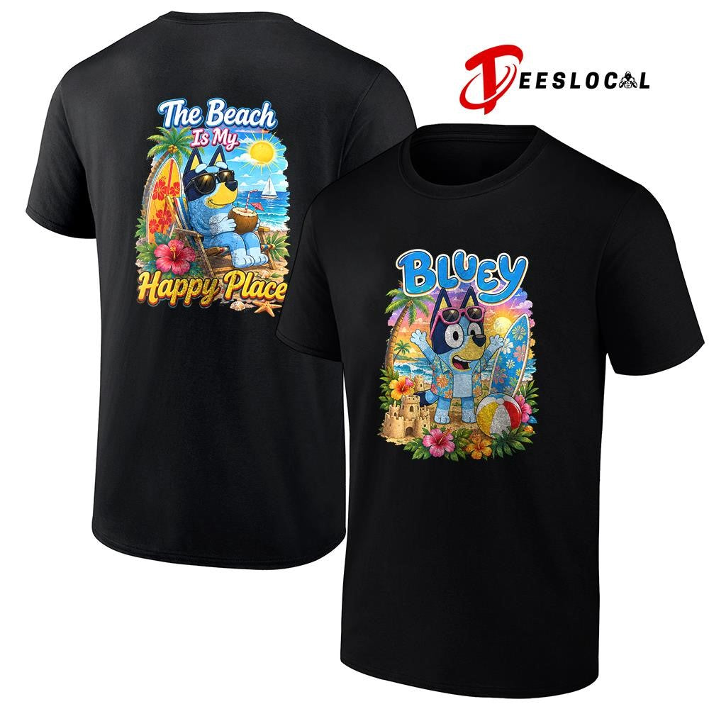 Blue Dog the beach is my happy place shirt Unisex T-shirt, Sweatshirt, Hoodie, Long Sleeve Tee - T-Shirt, Sweatshirt, Hoodie
