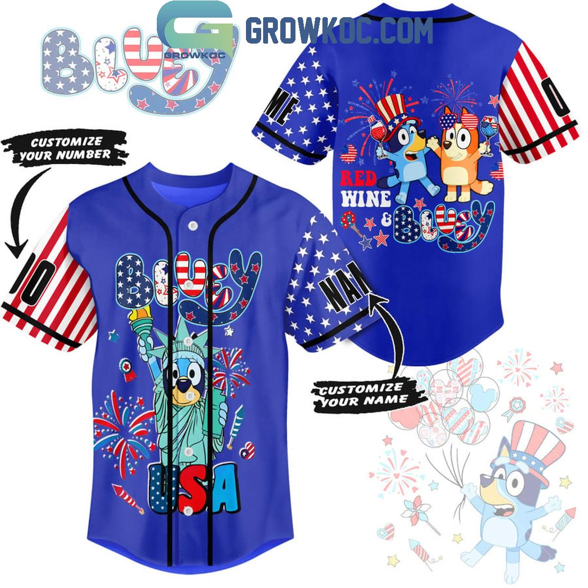 Bluey Red Wine And Bluey Fan Personalized Baseball Jersey Unisex T-shirt, Sweatshirt, Hoodie, Long Sleeve Tee - T-Shirt, Sweatshirt, Hoodie