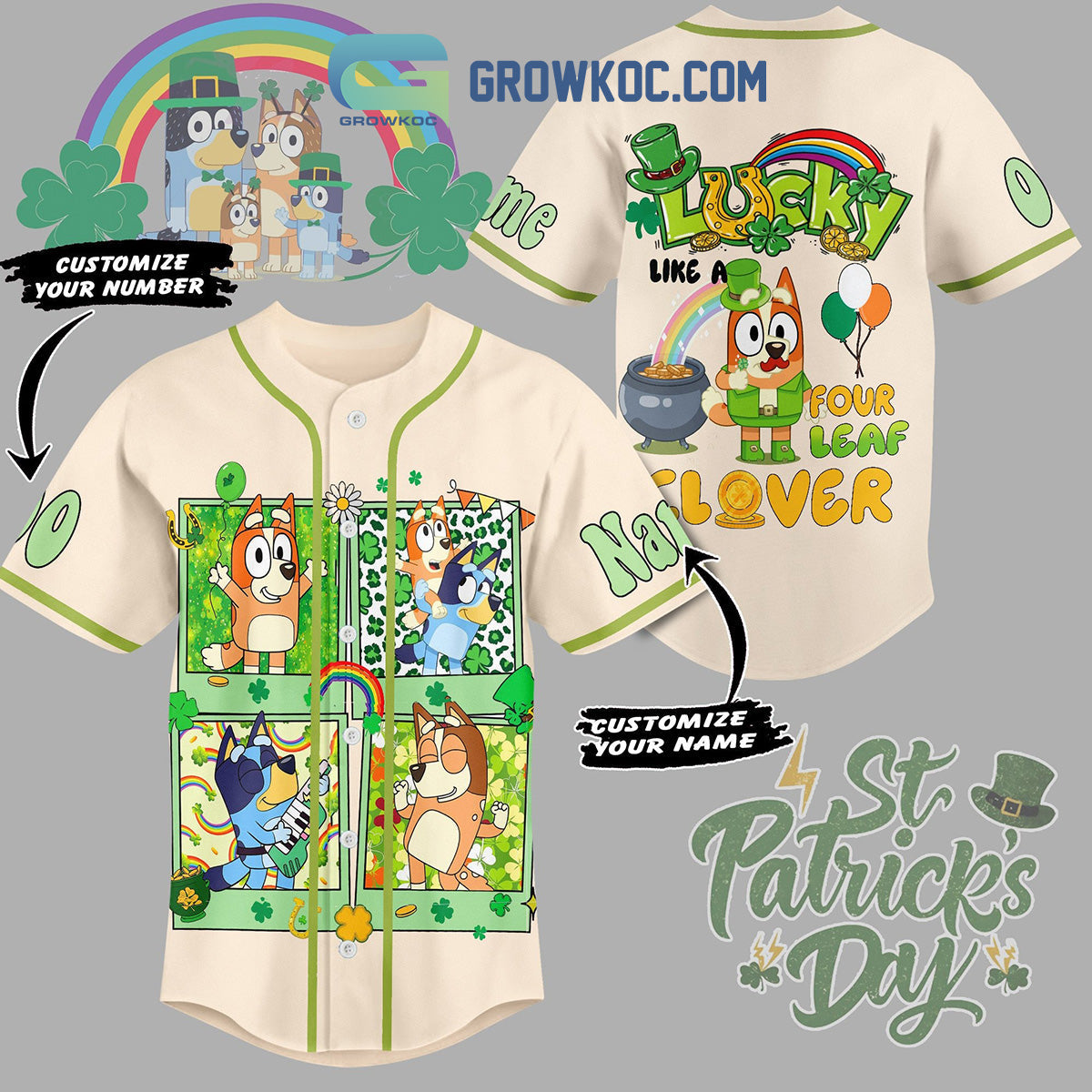 Bluey St. Patricks Day Fan Personalized Baseball Jersey Unisex T-shirt, Sweatshirt, Hoodie, Long Sleeve Tee - T-Shirt, Sweatshirt, Hoodie