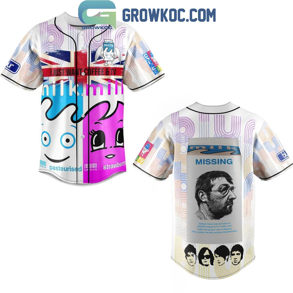 Blur Graham Coxon Missing I Just Want Coffee And TV Baseball Jersey Unisex T-shirt, Sweatshirt, Hoodie, Long Sleeve Tee - T-Shirt, Sweatshirt, Hoodie