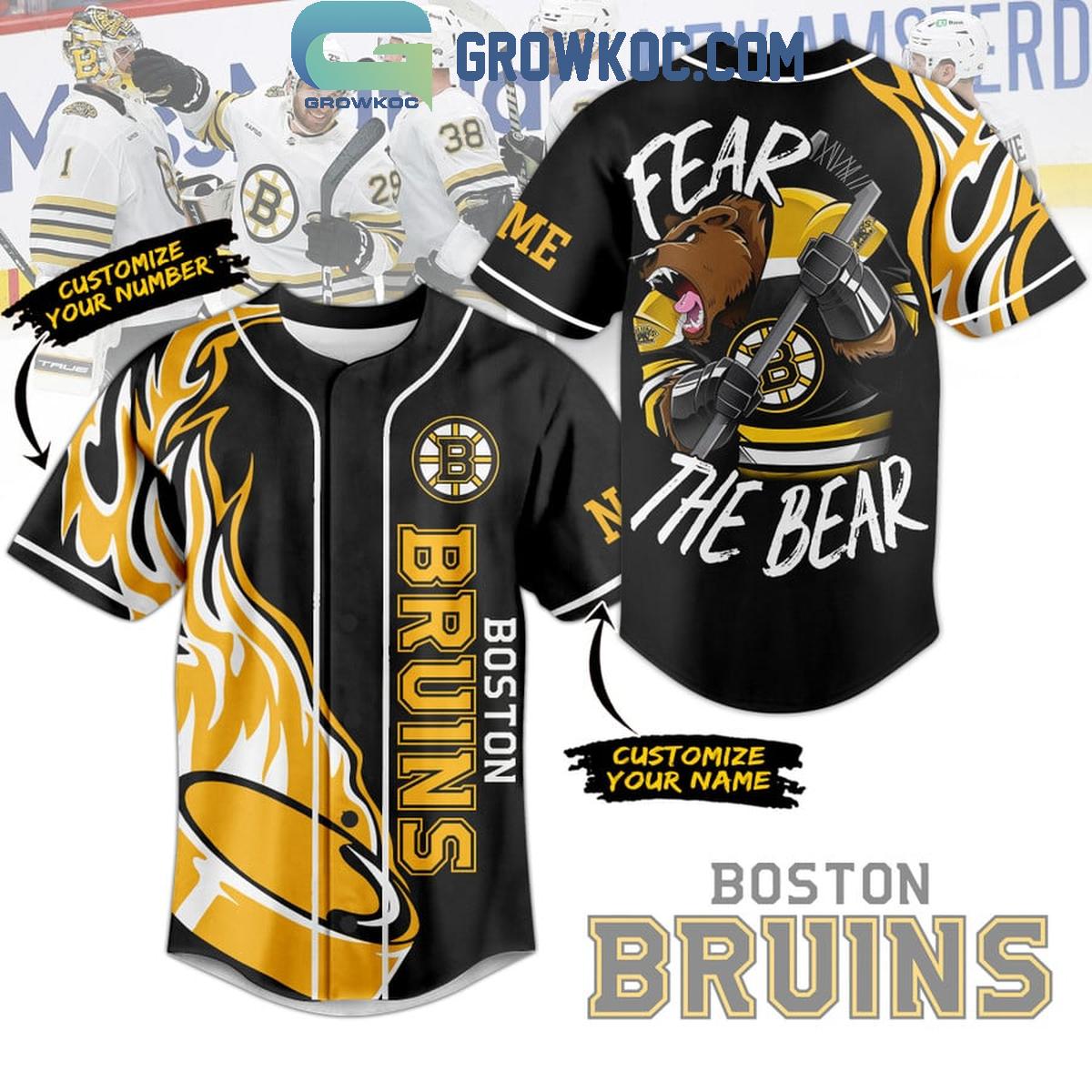 Boston Bruins Fear The Bear Flame Personalized Baseball Jersey Unisex T-shirt, Sweatshirt, Hoodie, Long Sleeve Tee - T-Shirt, Sweatshirt, Hoodie