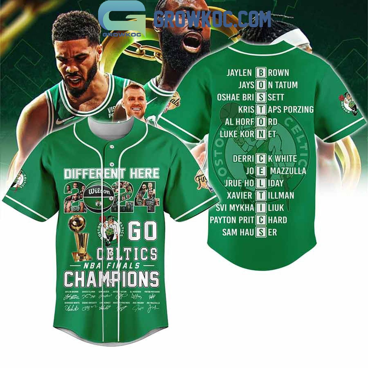 Boston Celtics Different Here 2024 NBA Finals Champions Personalized Baseball Jersey Unisex T-shirt, Sweatshirt, Hoodie, Long Sleeve Tee - T-Shirt, Sweatshirt, Hoodie