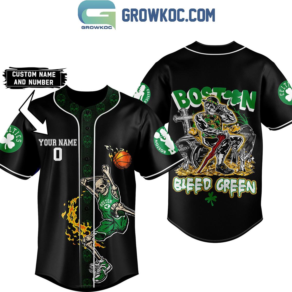 Boston Celtics Fan Skull Bleed Green Fan Personalized Baseball Jersey Unisex T-shirt, Sweatshirt, Hoodie, Long Sleeve Tee - T-Shirt, Sweatshirt, Hoodie