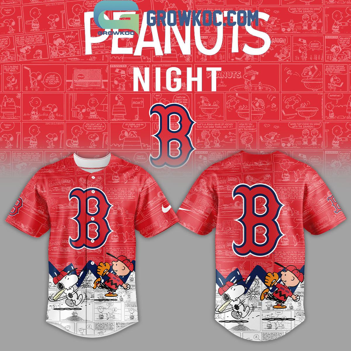 Boston Red Sox Peanuts 75th Anniversary Baseball Jersey Unisex T-shirt, Sweatshirt, Hoodie, Long Sleeve Tee - T-Shirt, Sweatshirt, Hoodie