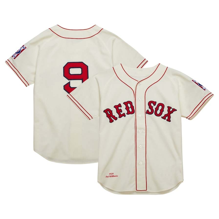 Boston Red Sox #9 Ted Williams Cooperstown Collection 1939 Authentic Jersey - Cream Stitched Baseball Jersey baseball jersey product view 1