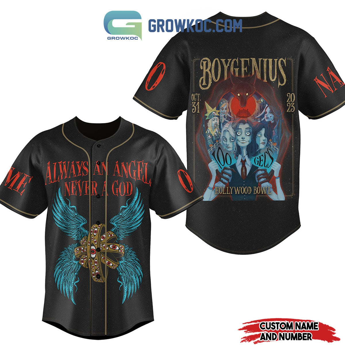 Boygenius Hollywood Bowl Alvays An Angel Never A God Personalized Baseball Jersey Unisex T-shirt, Sweatshirt, Hoodie, Long Sleeve Tee - T-Shirt, Sweatshirt, Hoodie
