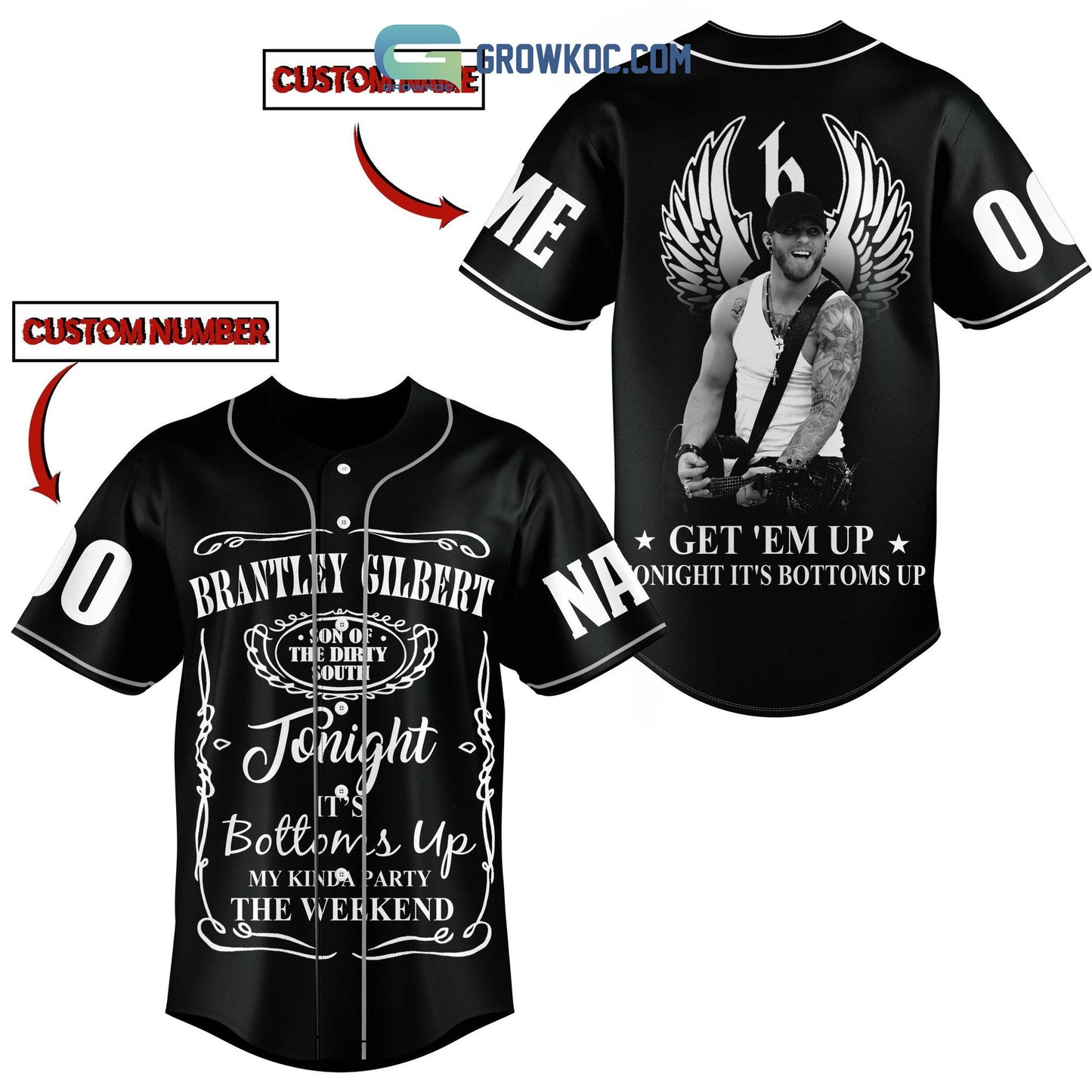 Brantley Gilbert Getem Up Tonight Its Bottoms Up Personalized Baseball Jersey Unisex T-shirt, Sweatshirt, Hoodie, Long Sleeve Tee - T-Shirt, Sweatshirt, Hoodie