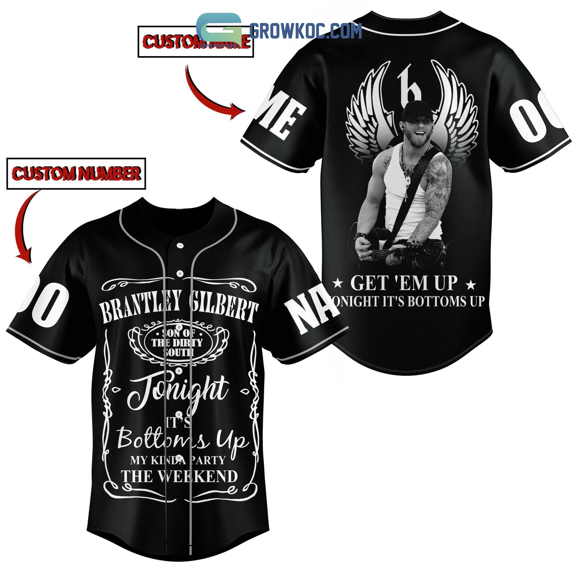Brantley Gilbert Getem Up Tonight Its Bottoms Up Personalized Baseball Jersey Unisex T-shirt, Sweatshirt, Hoodie, Long Sleeve Tee - T-Shirt, Sweatshirt, Hoodie