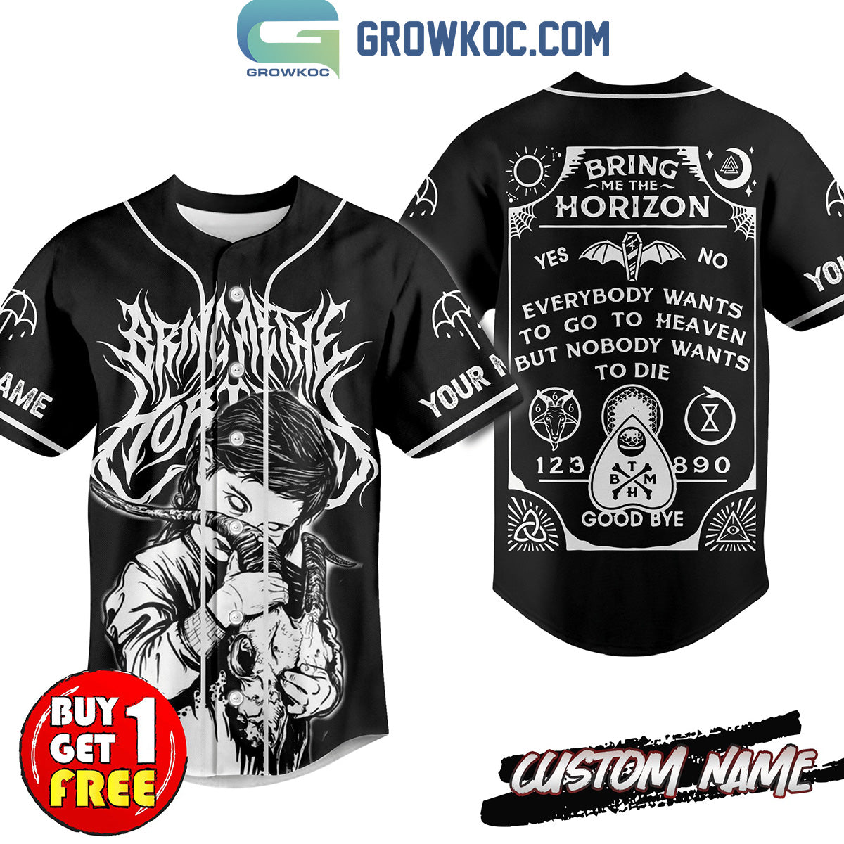 Bring Me The Horizon Everybody Wants To Go To Heaven Personalized Baseball Jersey Unisex T-shirt, Sweatshirt, Hoodie, Long Sleeve Tee - T-Shirt, Sweatshirt, Hoodie