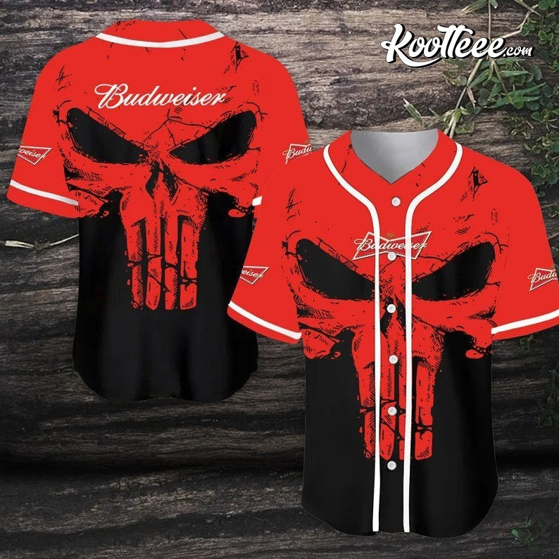 Budweiser Crazy Red Skull For Beer Lovers Baseball Jersey Unisex T-shirt, Sweatshirt, Hoodie, Long Sleeve Tee - T-Shirt, Sweatshirt, Hoodie