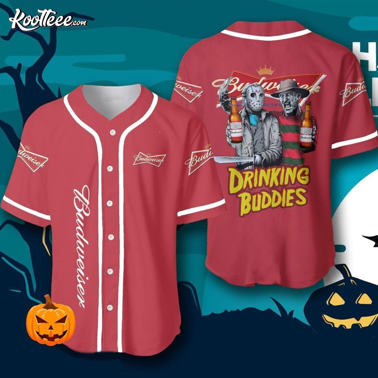 Budweiser Halloween Freddy And Jason Drinking Buddies Baseball Jersey Unisex T-shirt, Sweatshirt, Hoodie, Long Sleeve Tee - T-Shirt, Sweatshirt, Hoodie