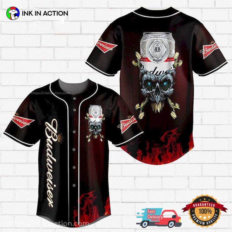 Budweiser Skull Fire Baseball Jersey Unisex T-shirt, Sweatshirt, Hoodie, Long Sleeve Tee - T-Shirt, Sweatshirt, Hoodie