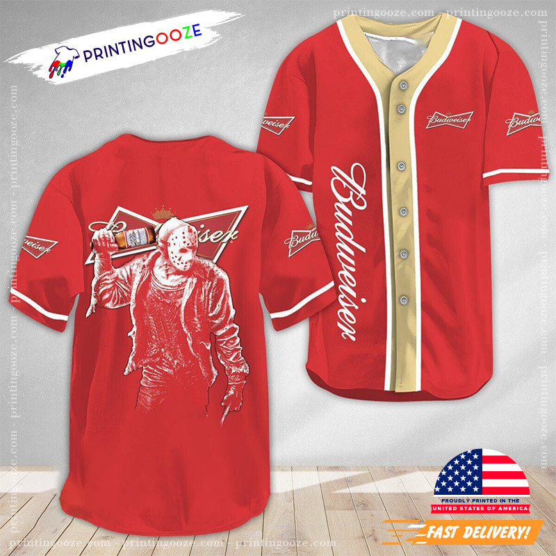 Budweiser Jason From Friday The 13th Red Baseball Jersey Unisex T-shirt, Sweatshirt, Hoodie, Long Sleeve Tee - T-Shirt, Sweatshirt, Hoodie