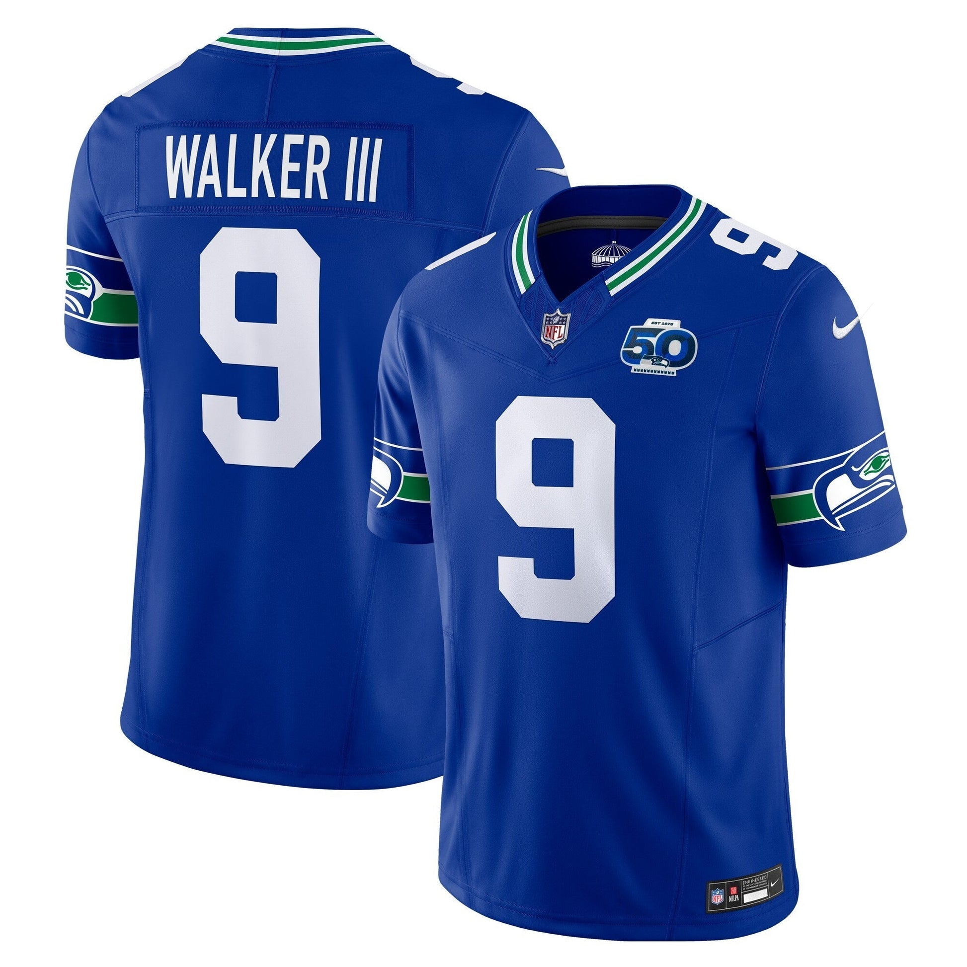 Seattle Seahawks Kenneth Walker III Royal 50th Season Vapor F.U.S.E. Limited Jersey football jersey product view 1