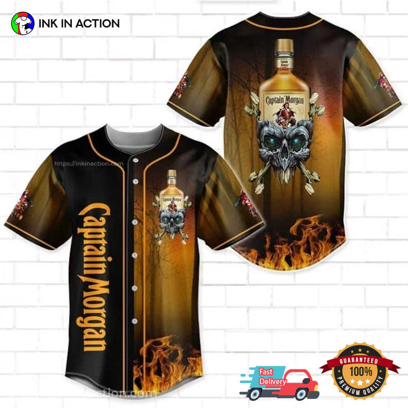 Captain Morgan Skull And Rum On Fire Baseball Jersey Unisex T-shirt, Sweatshirt, Hoodie, Long Sleeve Tee - T-Shirt, Sweatshirt, Hoodie