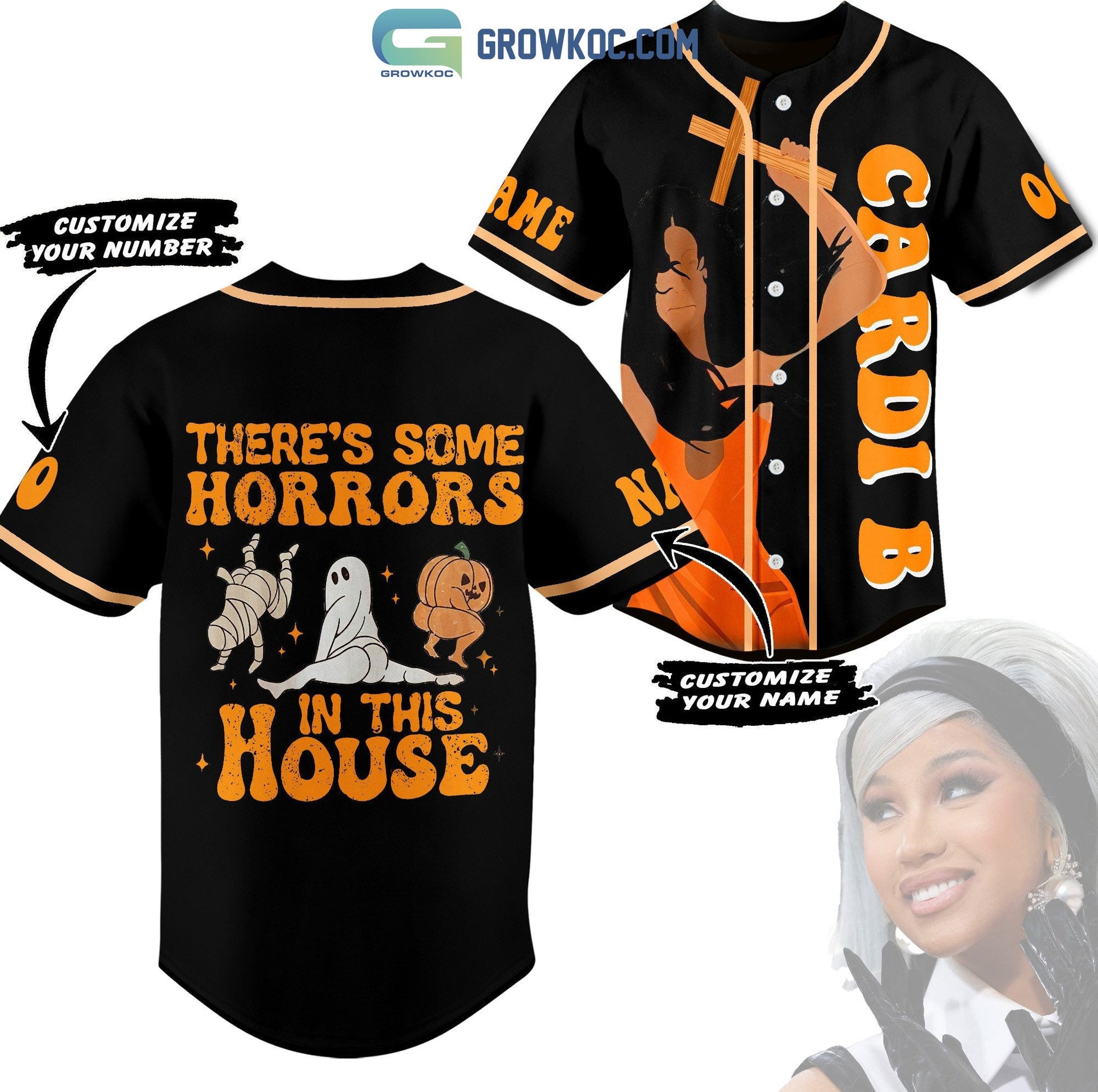 Cardi B Theres Some Horrors In This House Halloween Personalized Baseball Jersey Unisex T-shirt, Sweatshirt, Hoodie, Long Sleeve Tee - T-Shirt, Sweatshirt, Hoodie