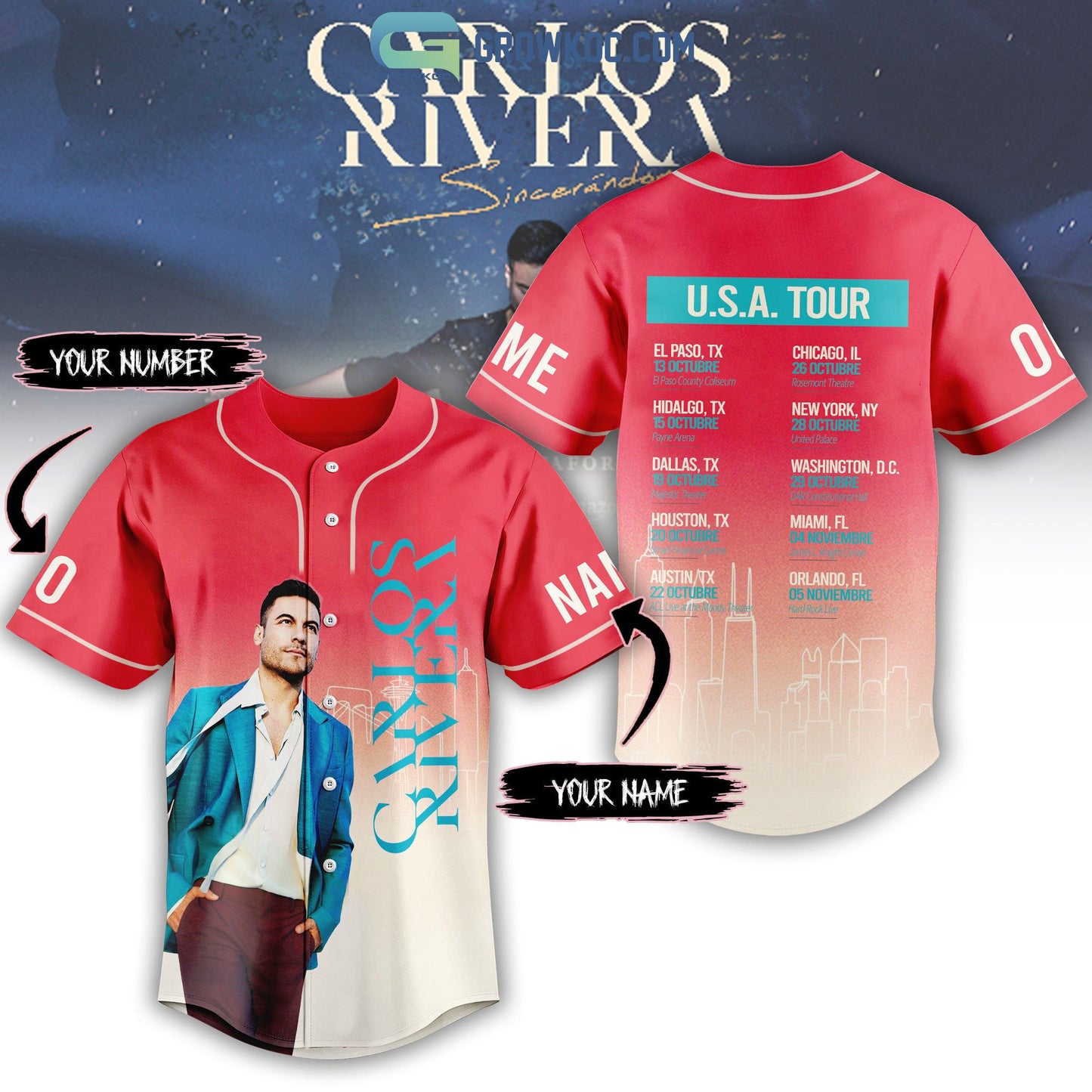 Carlos Rivera USA Tour Personalized Baseball Jersey Unisex T-shirt, Sweatshirt, Hoodie, Long Sleeve Tee - T-Shirt, Sweatshirt, Hoodie