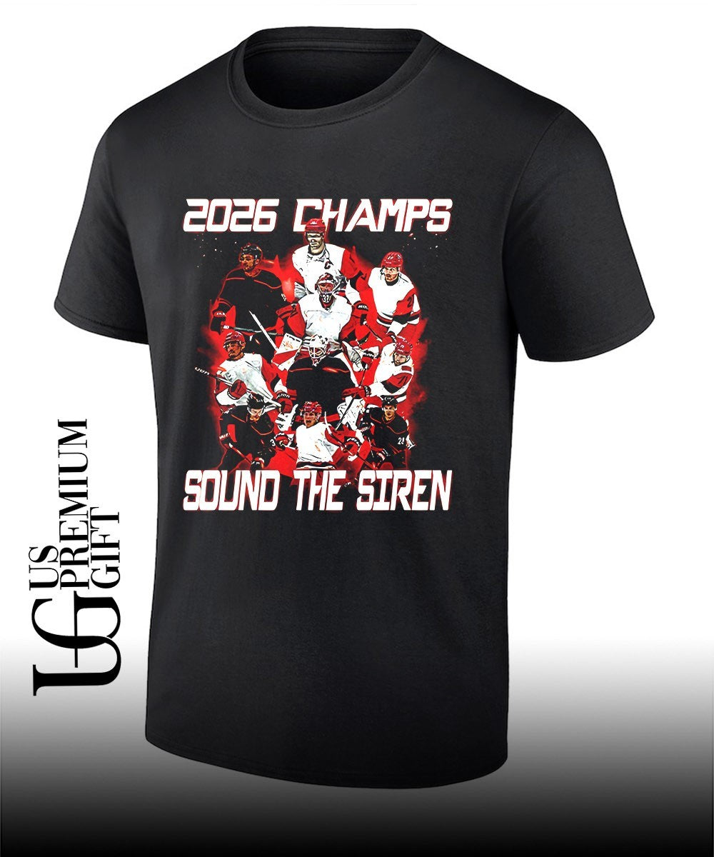 Carolina Hurricanes NHL Hockey 2026 Champs Sound the Siren player shirt Unisex T-shirt, Sweatshirt, Hoodie, Long Sleeve Tee - T-Shirt, Sweatshirt, Hoodie