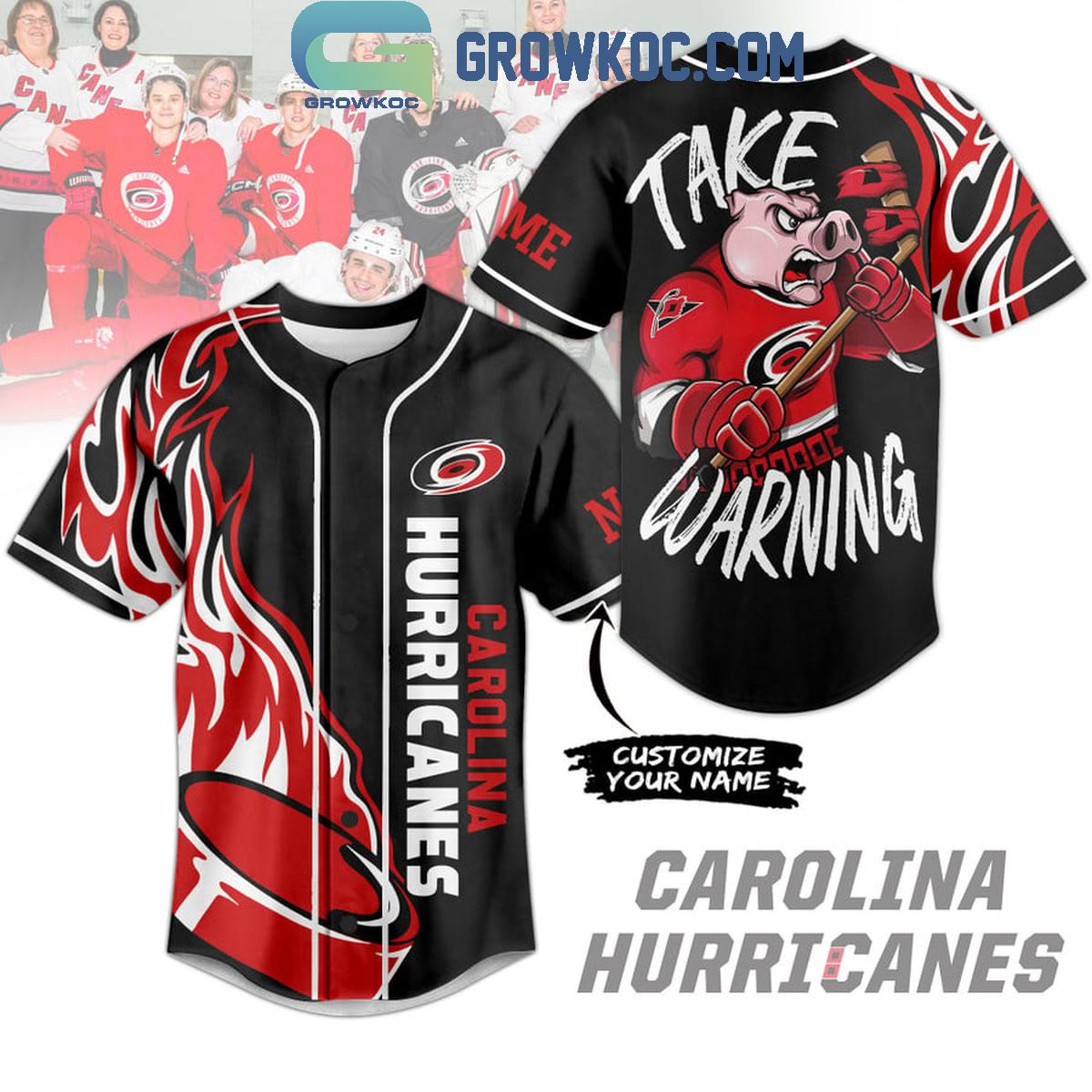 Carolina Hurricanes Take Warning Flames Personalized Baseball Jersey Unisex T-shirt, Sweatshirt, Hoodie, Long Sleeve Tee - T-Shirt, Sweatshirt, Hoodie