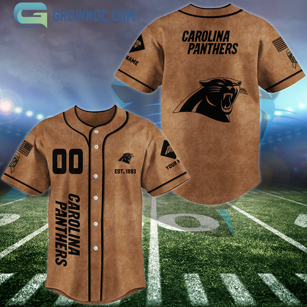 Carolina Panthers Brown American Flag Personalized Baseball Jersey Unisex T-shirt, Sweatshirt, Hoodie, Long Sleeve Tee - T-Shirt, Sweatshirt, Hoodie