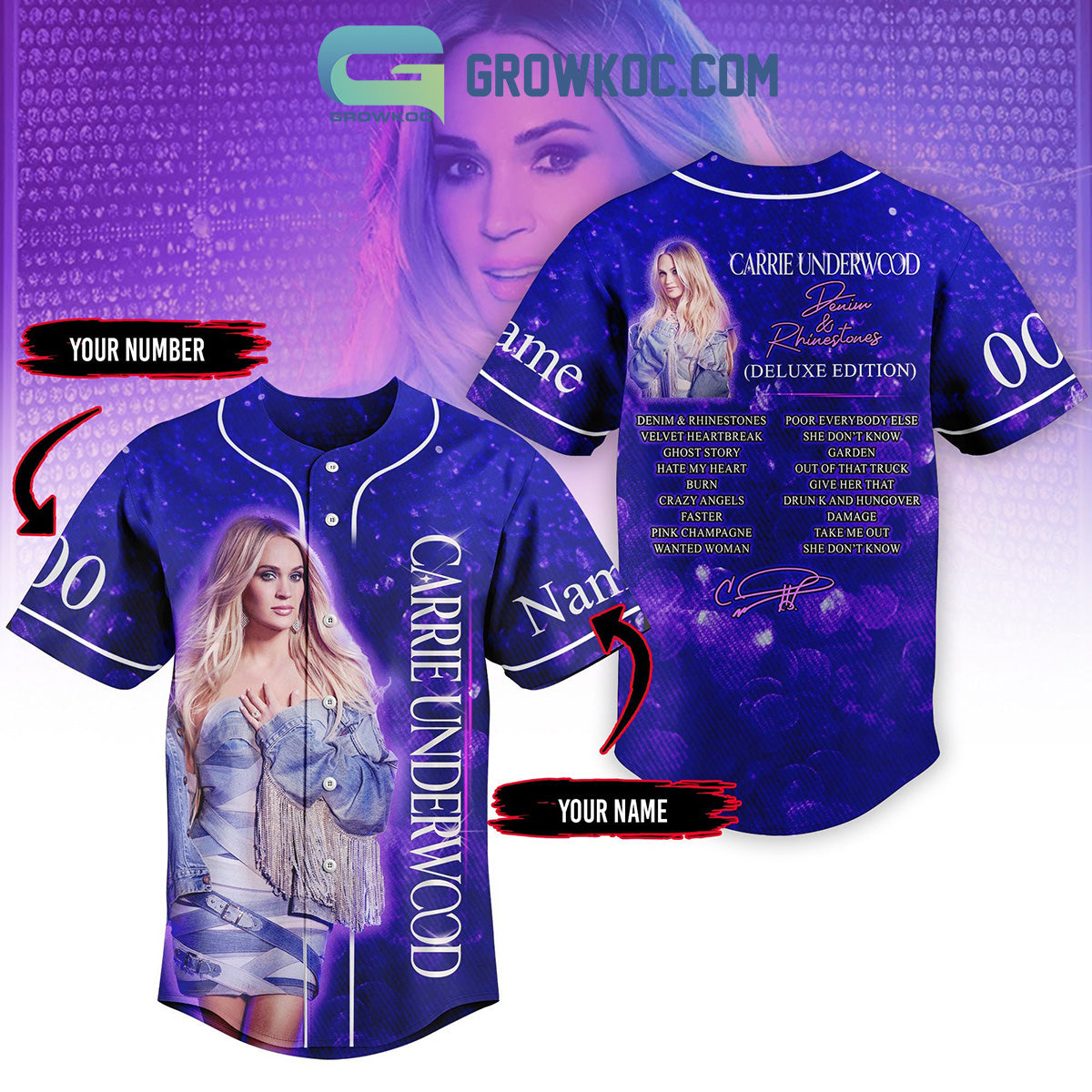 Carrie Underwood Denim & Rhinestones Personalized Baseball Jersey Unisex T-shirt, Sweatshirt, Hoodie, Long Sleeve Tee - T-Shirt, Sweatshirt, Hoodie