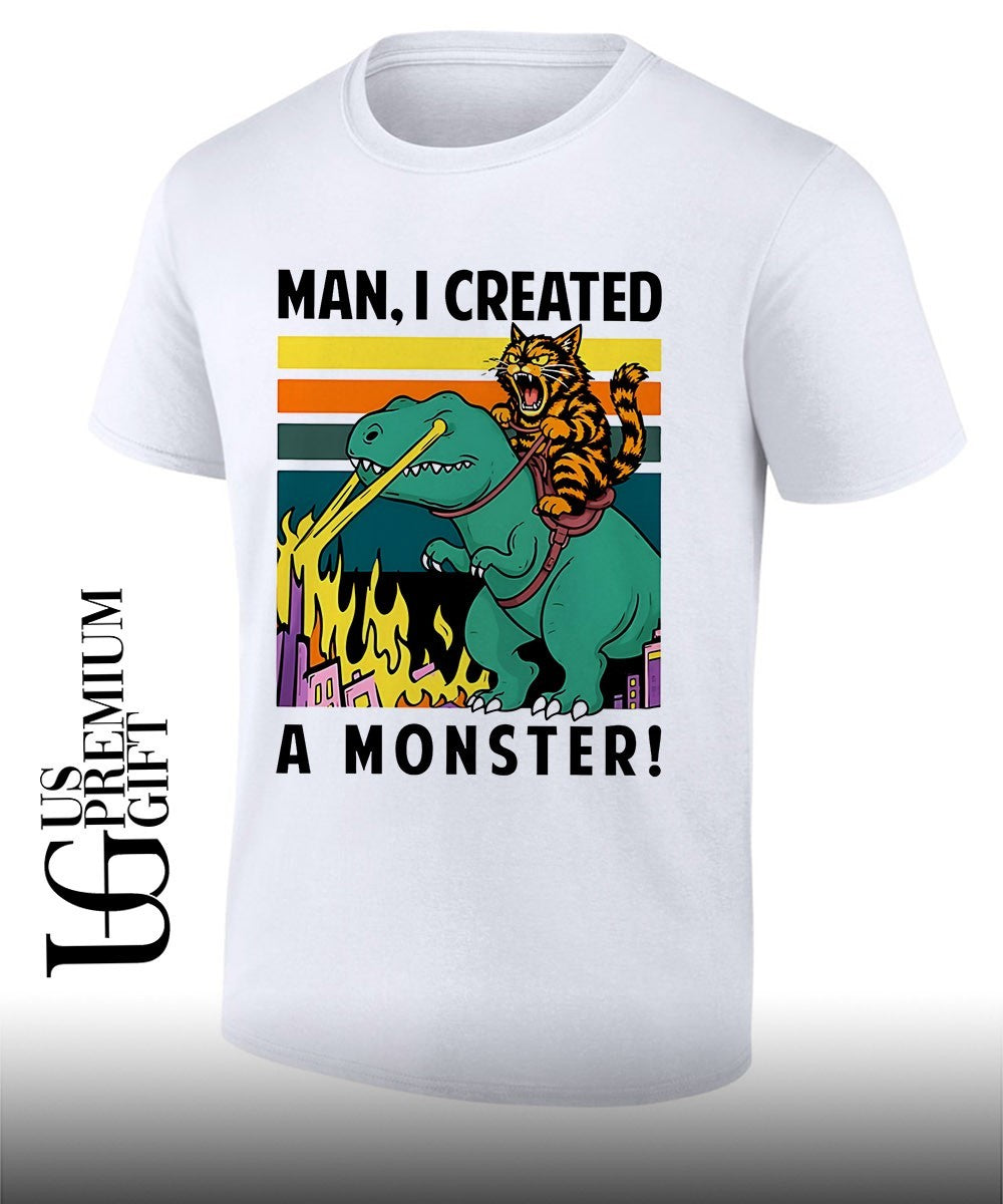Cat riding T-Rex Man I created a Monster shirt Unisex T-shirt, Sweatshirt, Hoodie, Long Sleeve Tee - T-Shirt, Sweatshirt, Hoodie