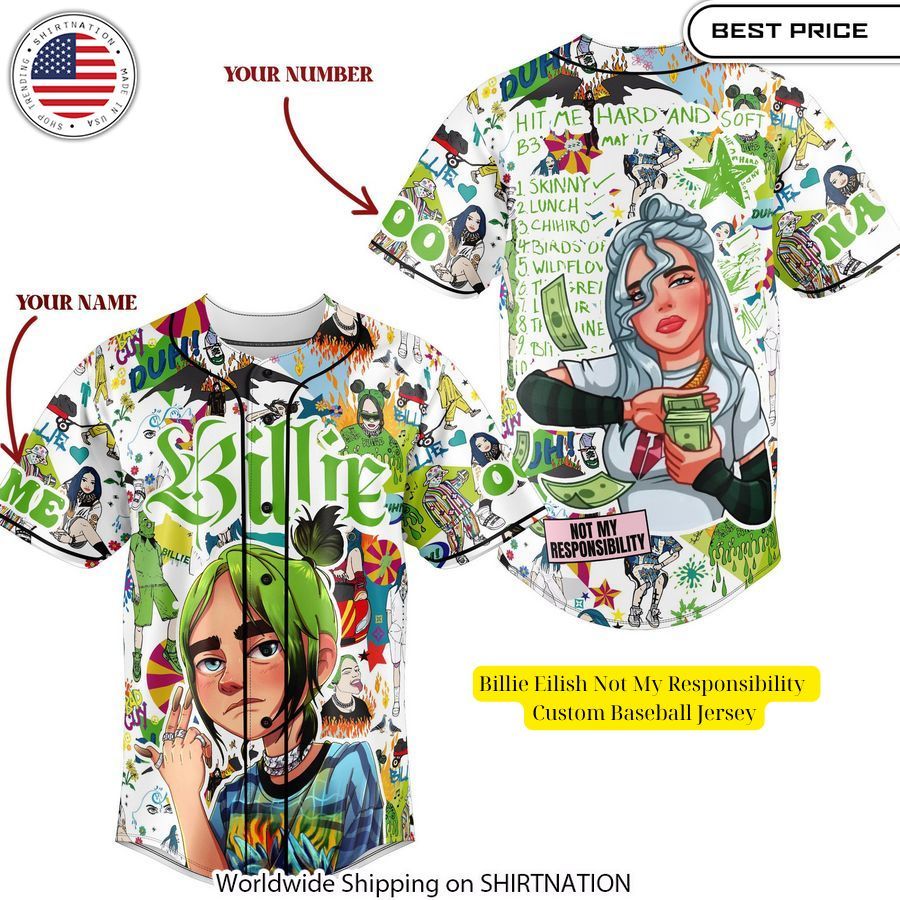 Billie Eilish Not My Responsibility Custom Baseball Jersey Unisex T-shirt, Sweatshirt, Hoodie, Long Sleeve Tee - T-Shirt, Sweatshirt, Hoodie
