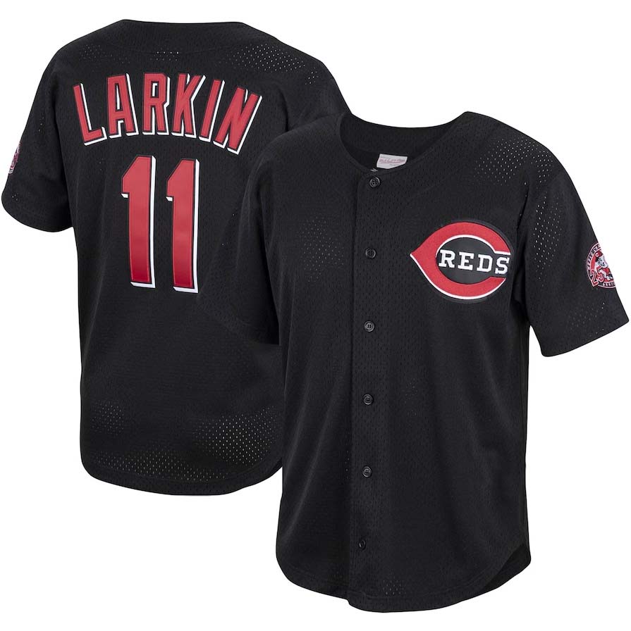 Cincinnati Reds #11 Barry Larkin Cooperstown Collection Mesh Batting Practice Button-Up Jersey - Black Baseball Jerseys baseball jersey product view 1