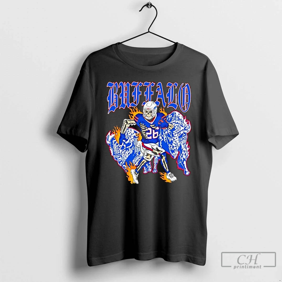 Classic Buffalo Gothic Text Skeleton Football Player 26 Running Between Blue Bison Fire T-Shirts, Hoodie, Sweatshirt - T-Shirt, Sweatshirt, Hoodie