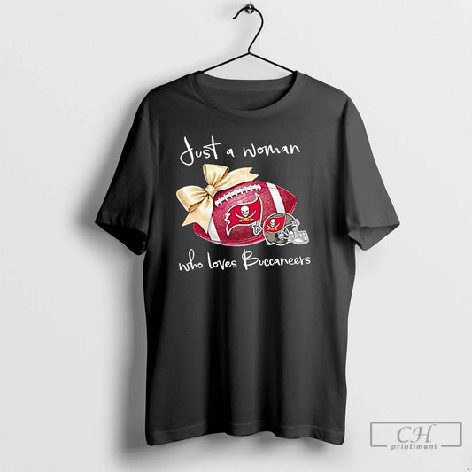 Classic Just Woman Who Loves Tampa Bay Buccaneers Gold Bow Helmet T-Shirts, Hoodie, Sweatshirt - T-Shirt, Sweatshirt, Hoodie