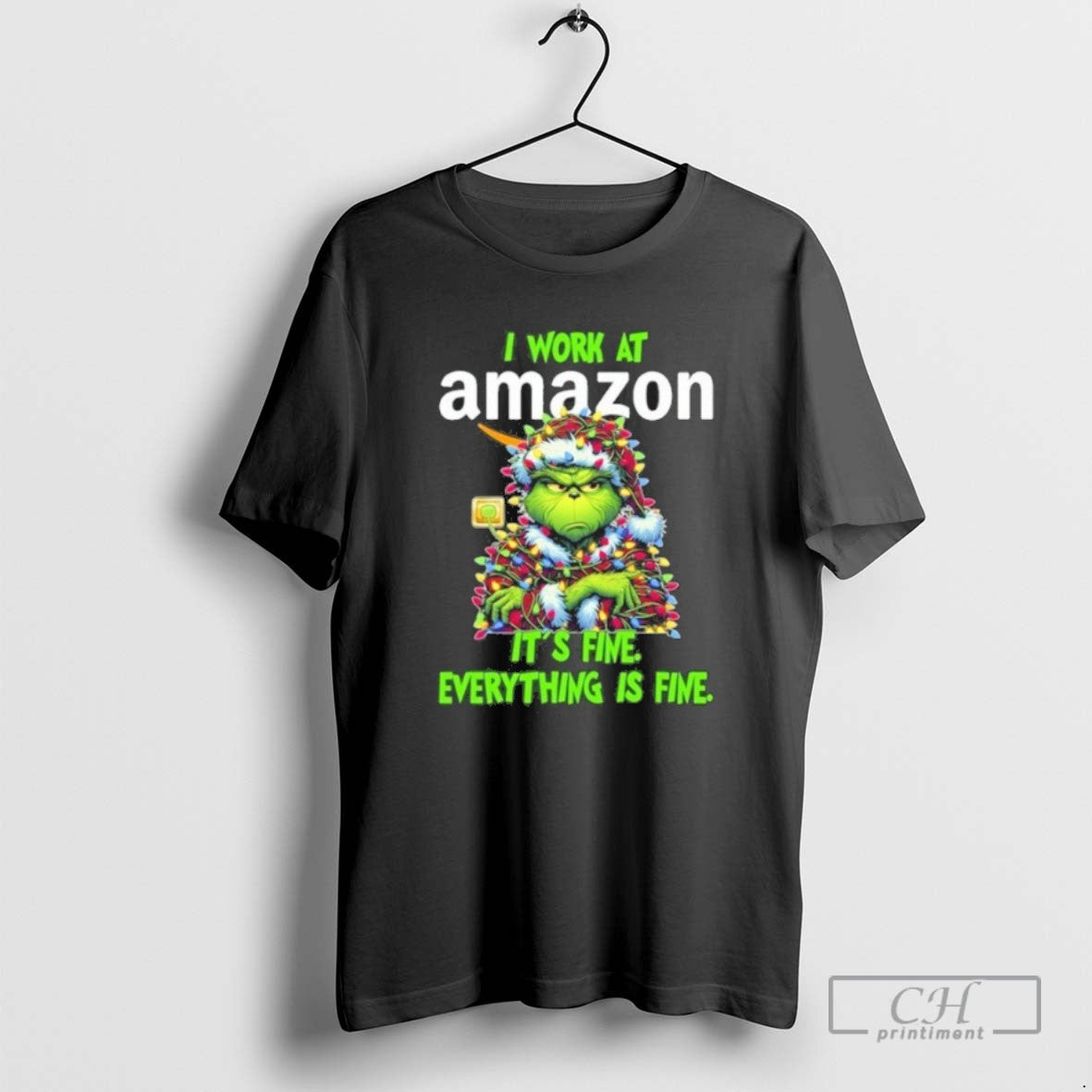Classic Santa Grinch Light I Work Amazon Logo Fine Everything Is Fine T-Shirts, Hoodie, Sweatshirt - T-Shirt, Sweatshirt, Hoodie