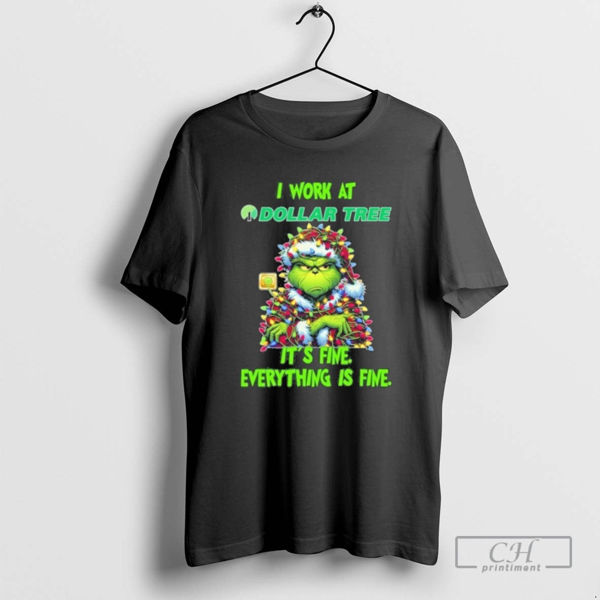 Classic Santa Grinch Light I Work Dollar Tree Logo Fine Everything Is Fine T-Shirts, Hoodie, Sweatshirt - T-Shirt, Sweatshirt, Hoodie