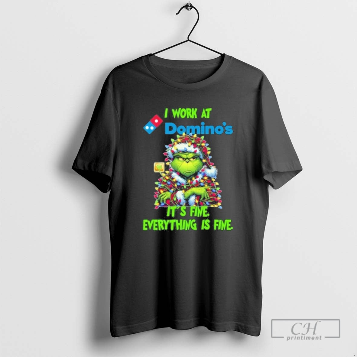 Classic Santa Grinch Light I Work Dominos Logo Fine Everything Is Fine T-Shirts, Hoodie, Sweatshirt - T-Shirt, Sweatshirt, Hoodie