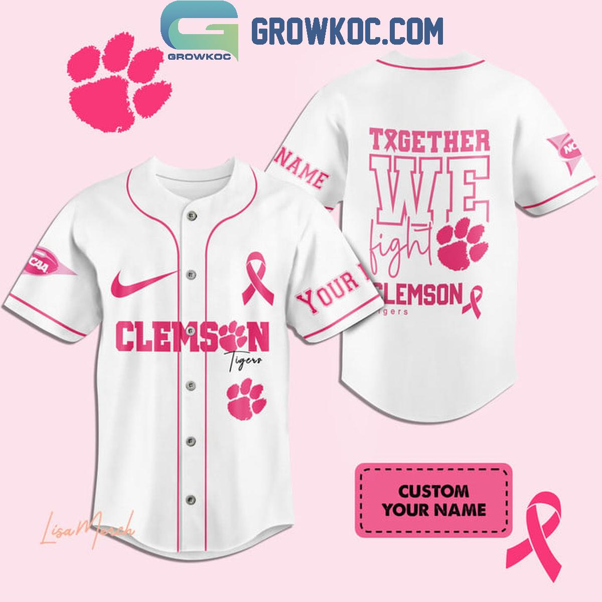 Clemson Tigers Together We Fight Breast Cancer Personalized Baseball Jersey Unisex T-shirt, Sweatshirt, Hoodie, Long Sleeve Tee - T-Shirt, Sweatshirt, Hoodie