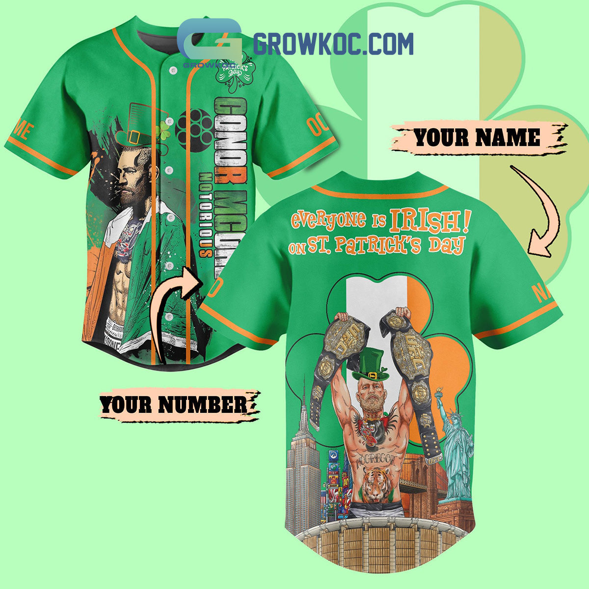 Conor McGregor St. Patricks Day Fan Personalized Baseball Jersey Unisex T-shirt, Sweatshirt, Hoodie, Long Sleeve Tee - T-Shirt, Sweatshirt, Hoodie