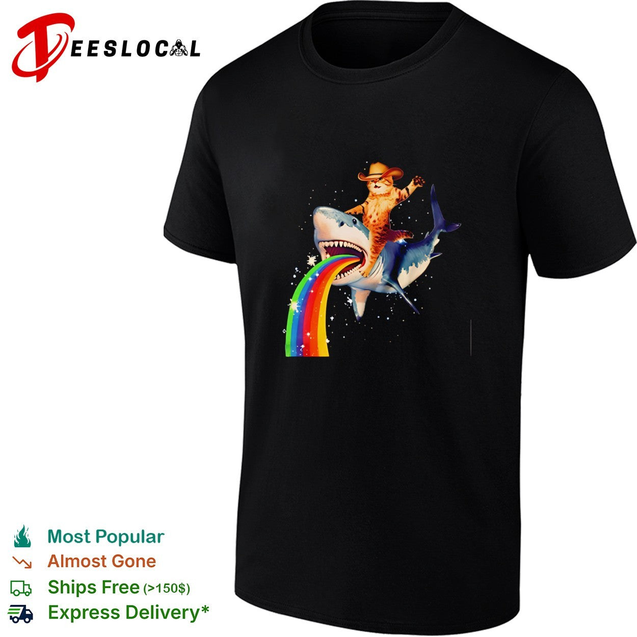 Cowboy cat riding a shark rainbow funny shirt Unisex T-shirt, Sweatshirt, Hoodie, Long Sleeve Tee - T-Shirt, Sweatshirt, Hoodie